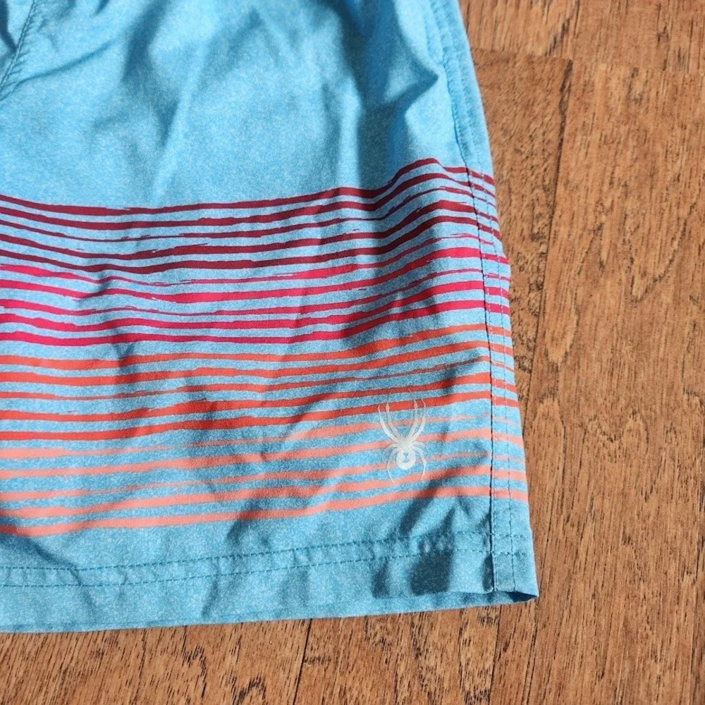 Spyder Boys Blue Striped Swim Trunks Board Shorts Size S 7/8 Elastic Waist 553